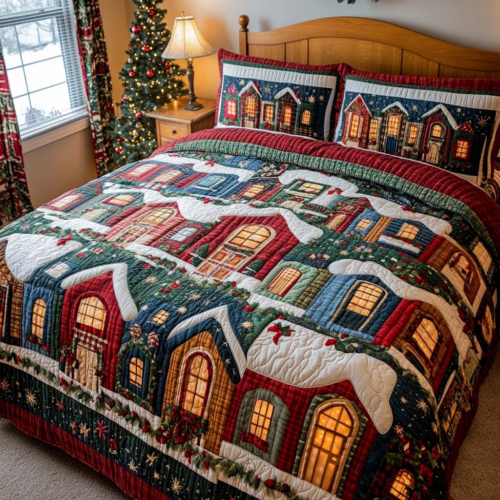Yuletide Village Dreams quilted 3-piece bedding set on a made bed with two matching pillow shams