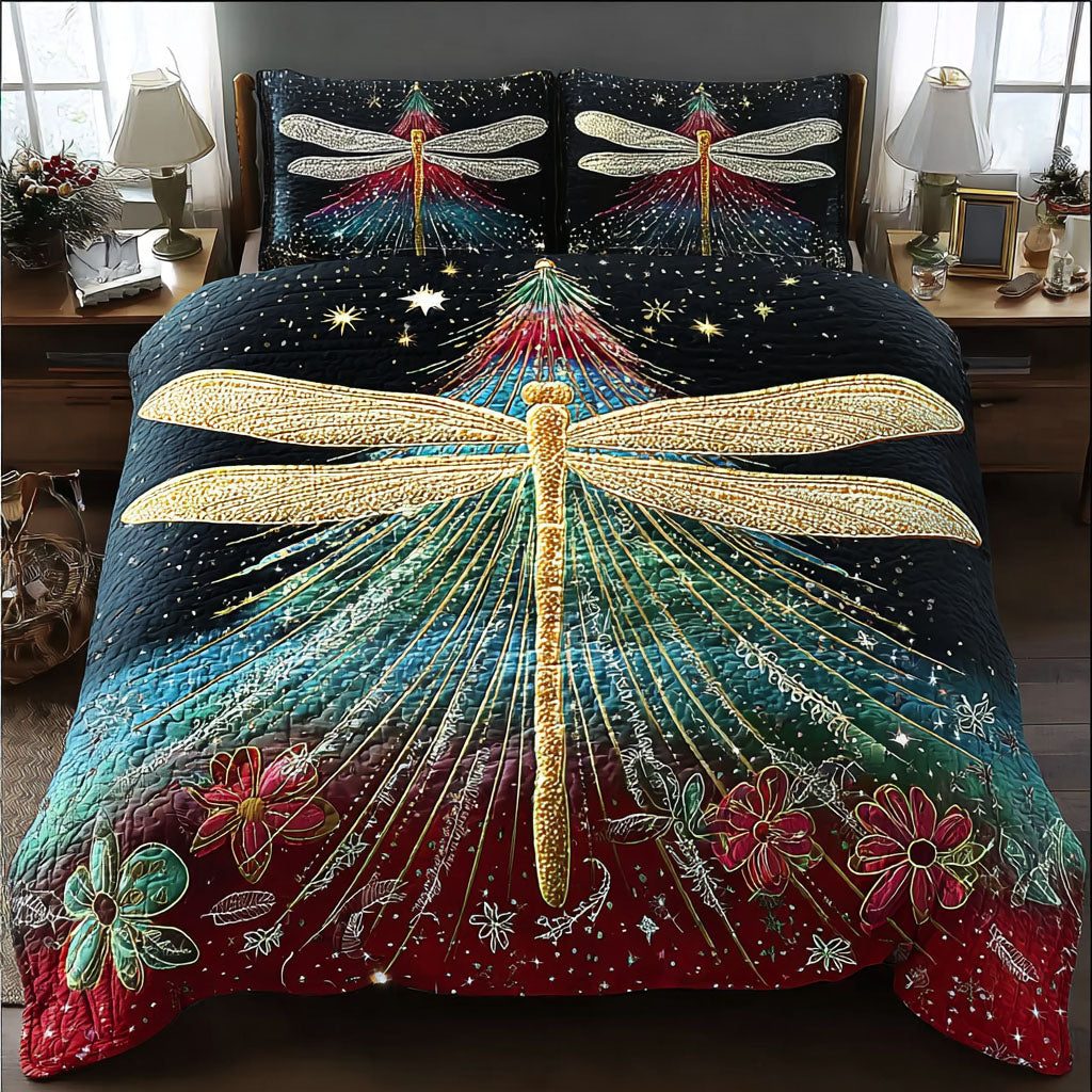 Yuletide Winglight quilted 3-piece bedding set on a made bed with two matching pillow shams