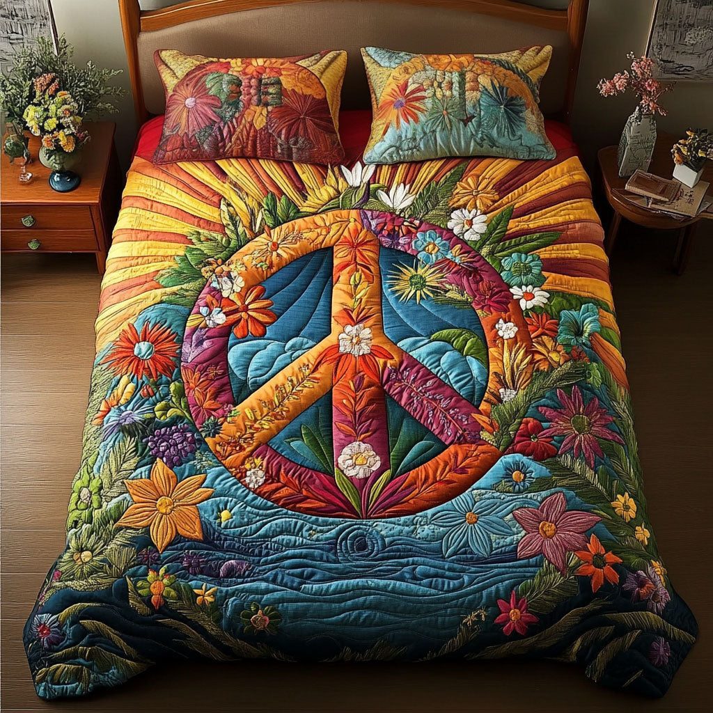 Zen and Zest quilted 3-piece bedding set on a made bed with two matching pillow shams