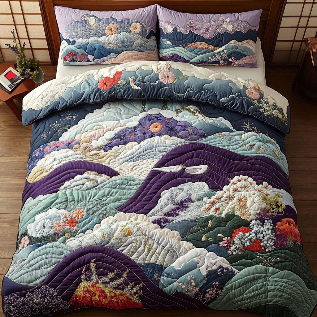Zen Garden Flow quilted 3-piece bedding set on a made bed with two matching pillow shams