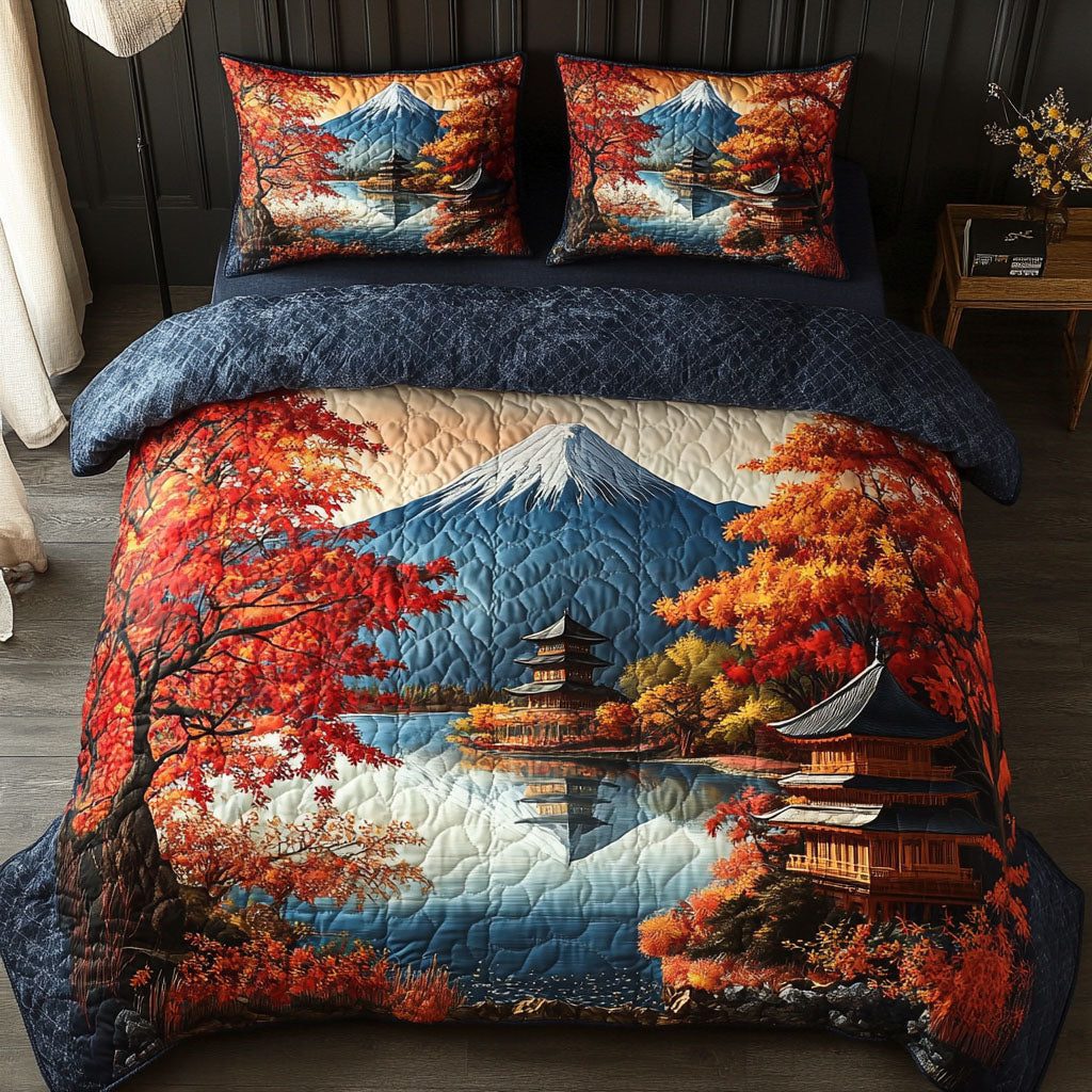 Zen Mountain Peace quilted 3-piece bedding set on a made bed with two matching pillow shams