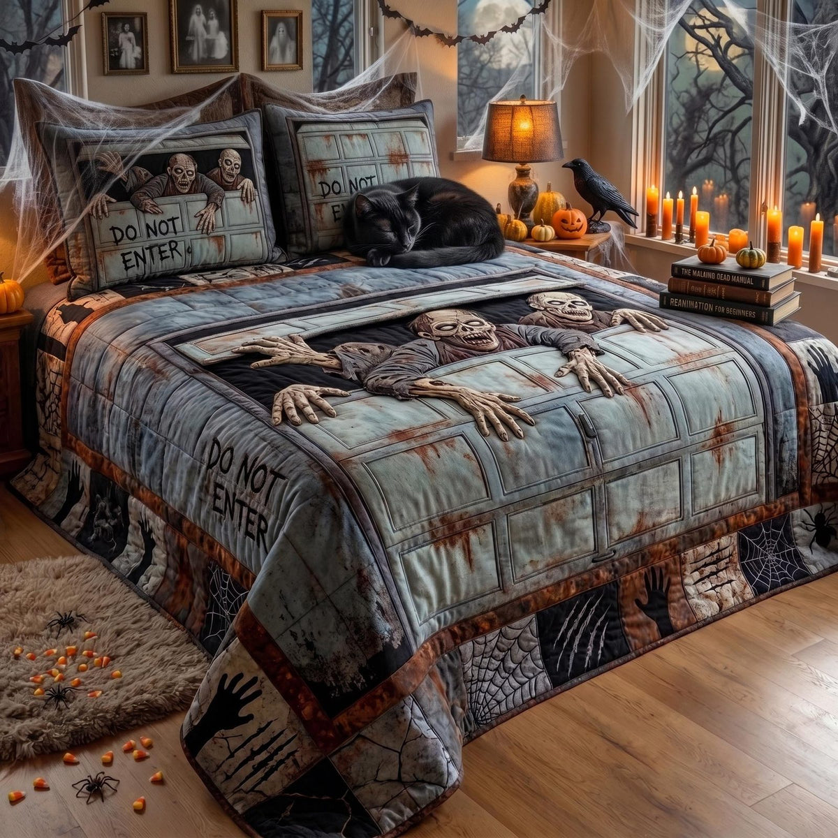 Zombie Escape quilted 3-piece bedding set on a made bed against a dark styled interior