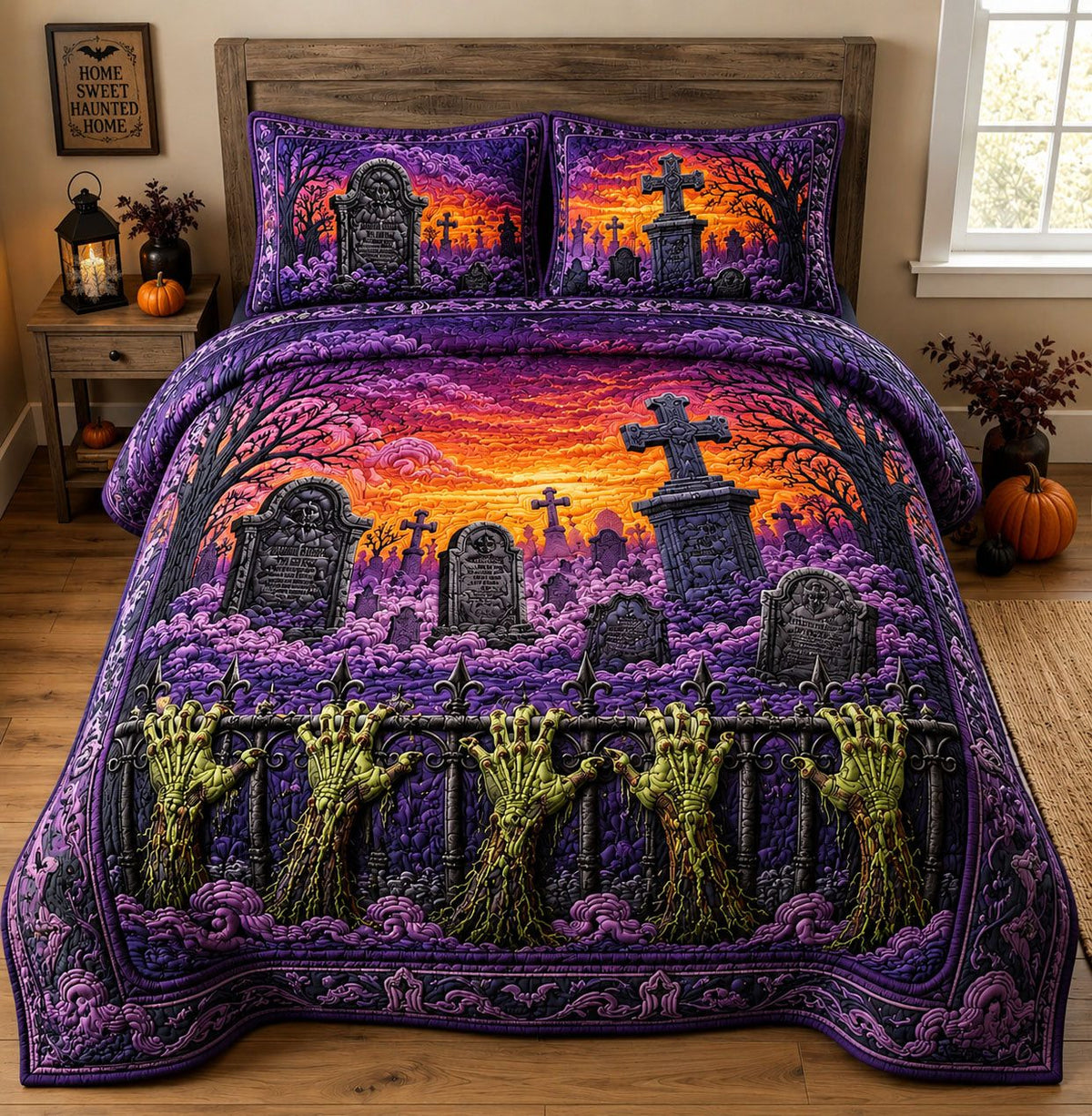 Zombie Hands Graveyard Sunset quilted 3-piece bedding set on a made bed against a dark styled interior