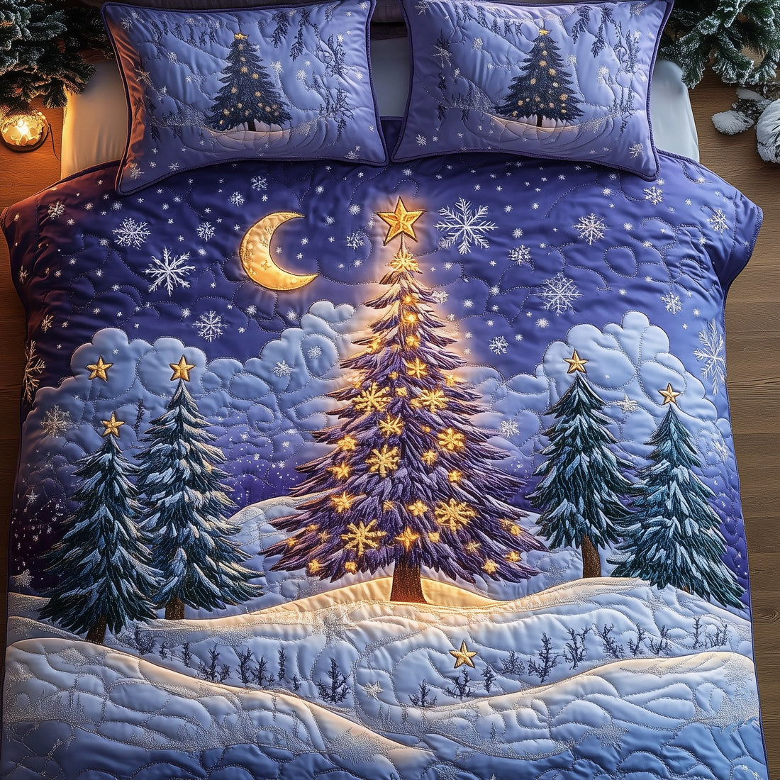 Printed quilted bedding set showing colour detail