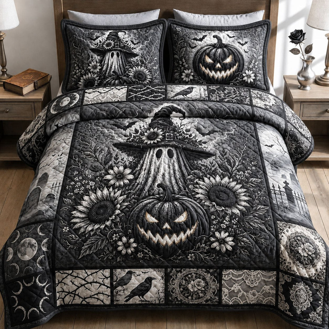 Halloween ghost and jack-o-lantern quilted bedding set