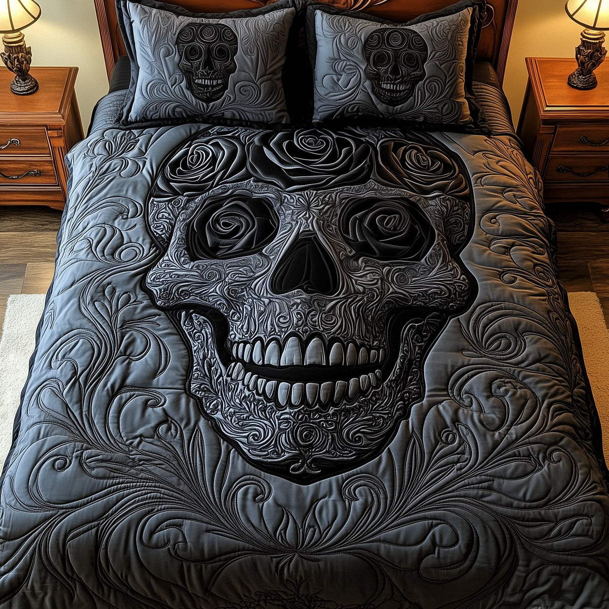 Dark rose gothic quilted bedding in a low-lit bedroom