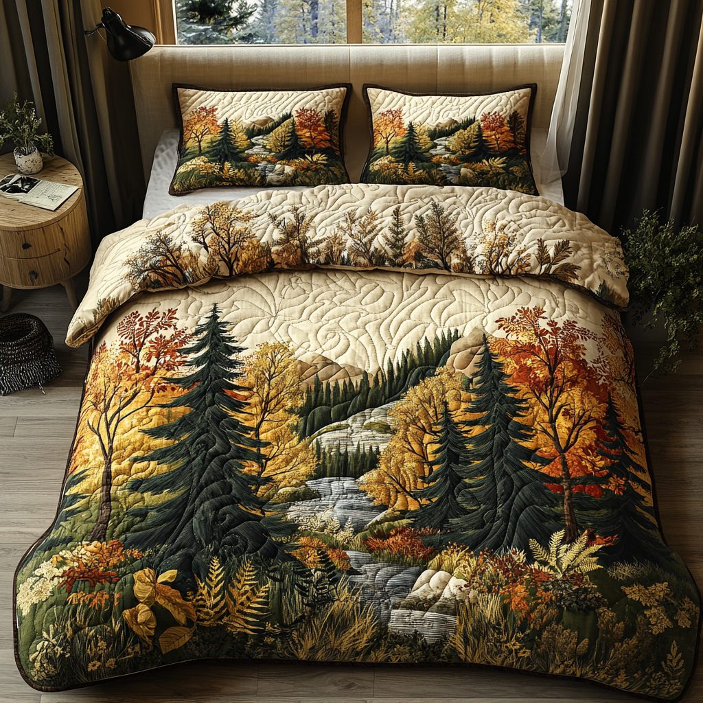 Amber Forest quilted bedding set on a made bed in an autumn bedroom