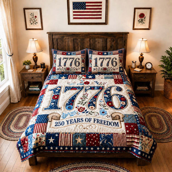 1776 America Freedom quilted 3-piece bedding set on a made bed in a warmly lit bedroom