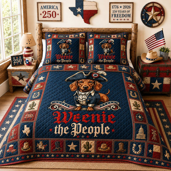 1776 Founding Father Dachshund quilted 3-piece bedding set on a made bed in a warmly lit bedroom