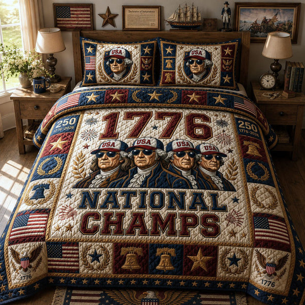 1776 National Champions quilted 3-piece bedding set on a made bed in a warmly lit bedroom