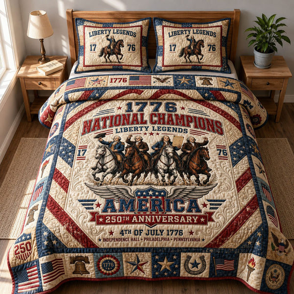 1776 National Champions quilted 3-piece bedding set on a made bed in a warmly lit bedroom
