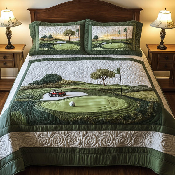 18th Hole quilted 3-piece bedding set on a made bed with two matching pillow shams