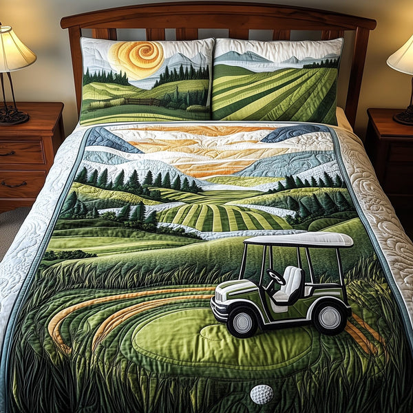 18th Hole Sunset quilted 3-piece bedding set on a made bed with two matching pillow shams