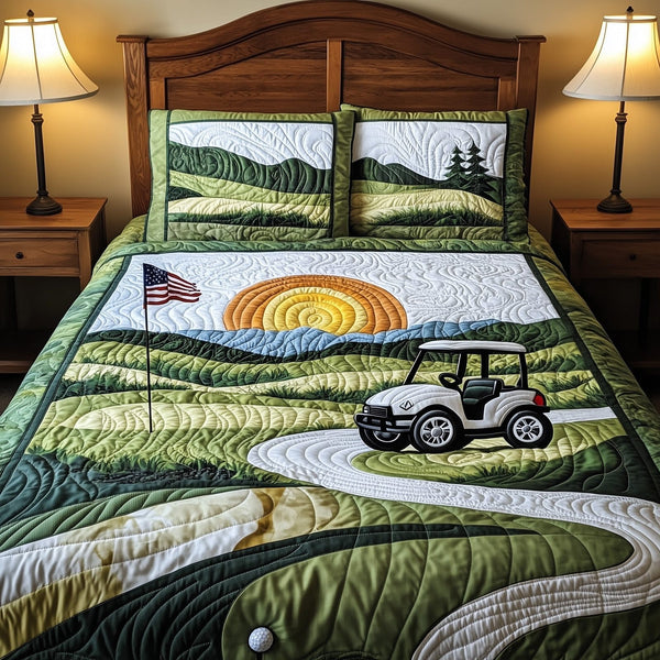 18th Hole Sunset quilted 3-piece bedding set on a made bed with two matching pillow shams