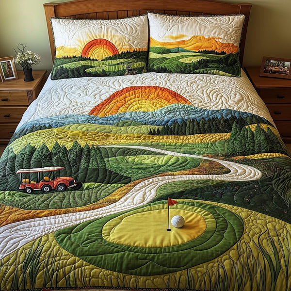 18th Hole Sunset quilted 3-piece bedding set on a made bed with two matching pillow shams