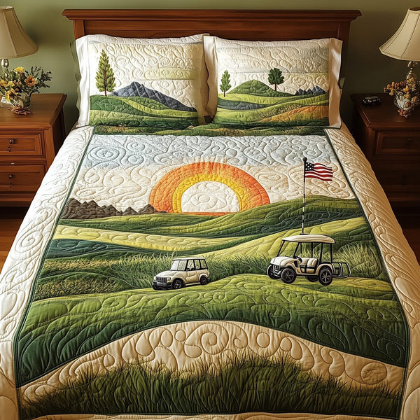 18th Hole Sunset quilted 3-piece bedding set on a made bed with two matching pillow shams