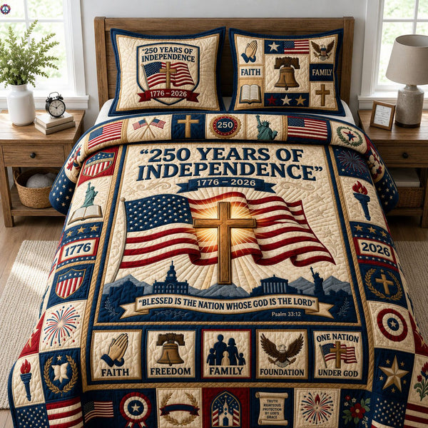 250 Years Of Independence quilted 3-piece bedding set on a made bed in a warmly lit bedroom