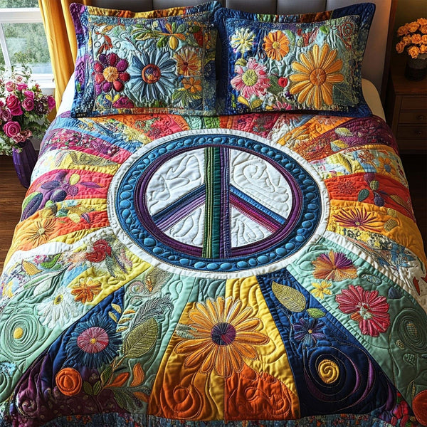 70s Vibe quilted 3-piece bedding set on a made bed with two matching pillow shams