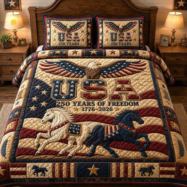 America 250th Eagle quilted 3-piece bedding set on a made bed in a warmly lit bedroom