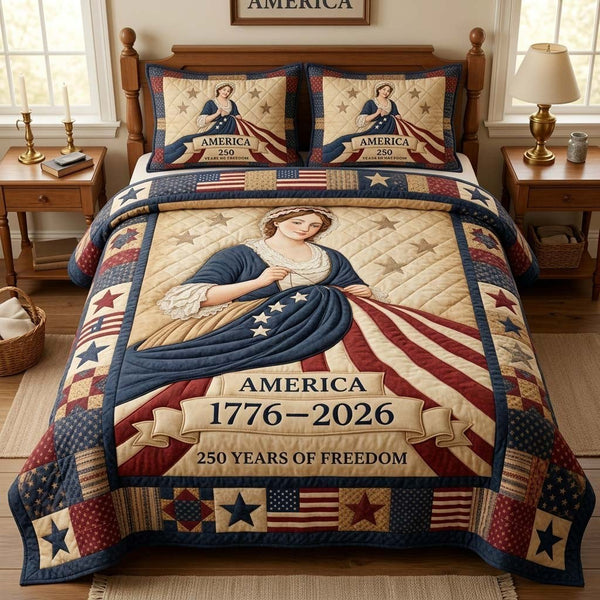America Liberty Anniversary quilted 3-piece bedding set on a made bed in a warmly lit bedroom