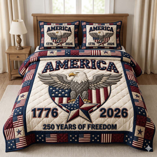 America Eagle Star quilted 3-piece bedding set on a made bed in a warmly lit bedroom
