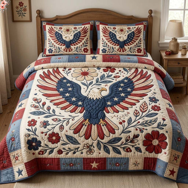 Eagle Floral quilted 3-piece bedding set on a made bed in a warmly lit bedroom