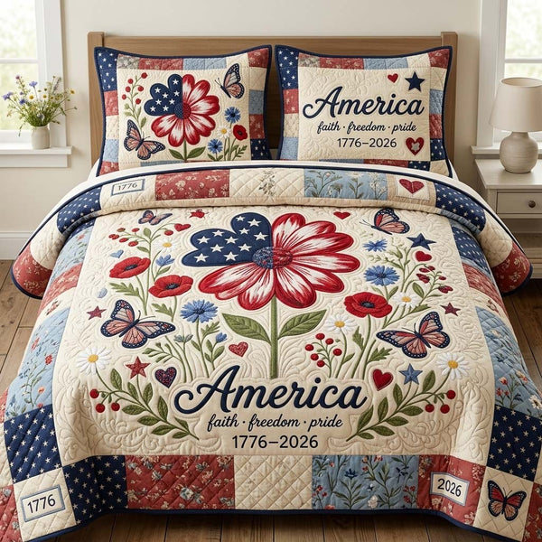 Faith Bloom quilted 3-piece bedding set on a made bed in a softly lit bedroom