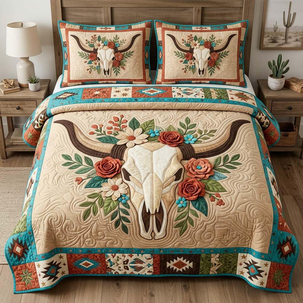 Desert Bloom Skull 3-Piece Quilted Bedding Set — quilt and two matching pillow shams