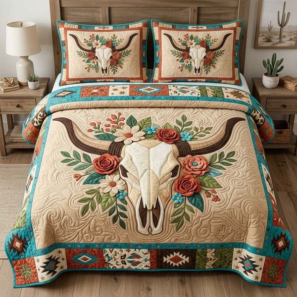 Desert Bloom Skull quilted 3-piece bedding set on a made bed against a dark styled interior