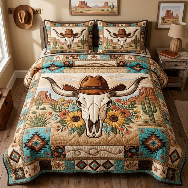 Cowboy Desert Skull 3-Piece Quilted Bedding Set — quilt and two matching pillow shams