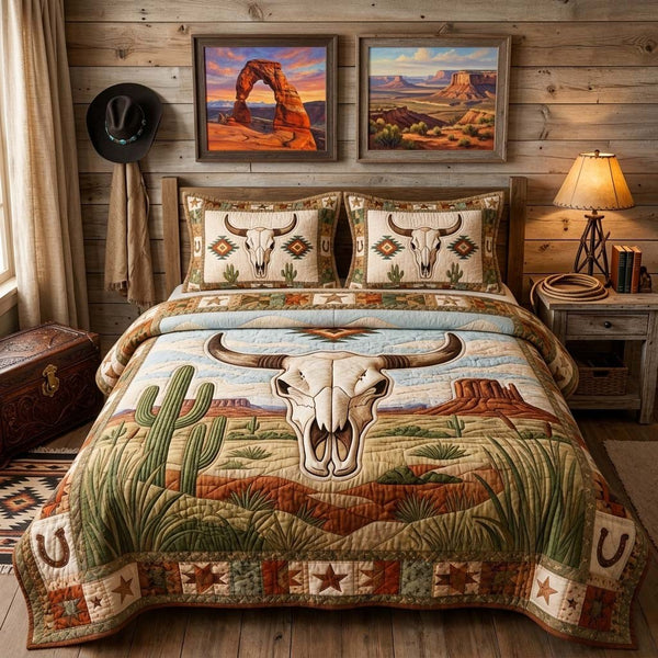 Canyon Skull Horizon quilted 3-piece bedding set on a made bed against a dark styled interior