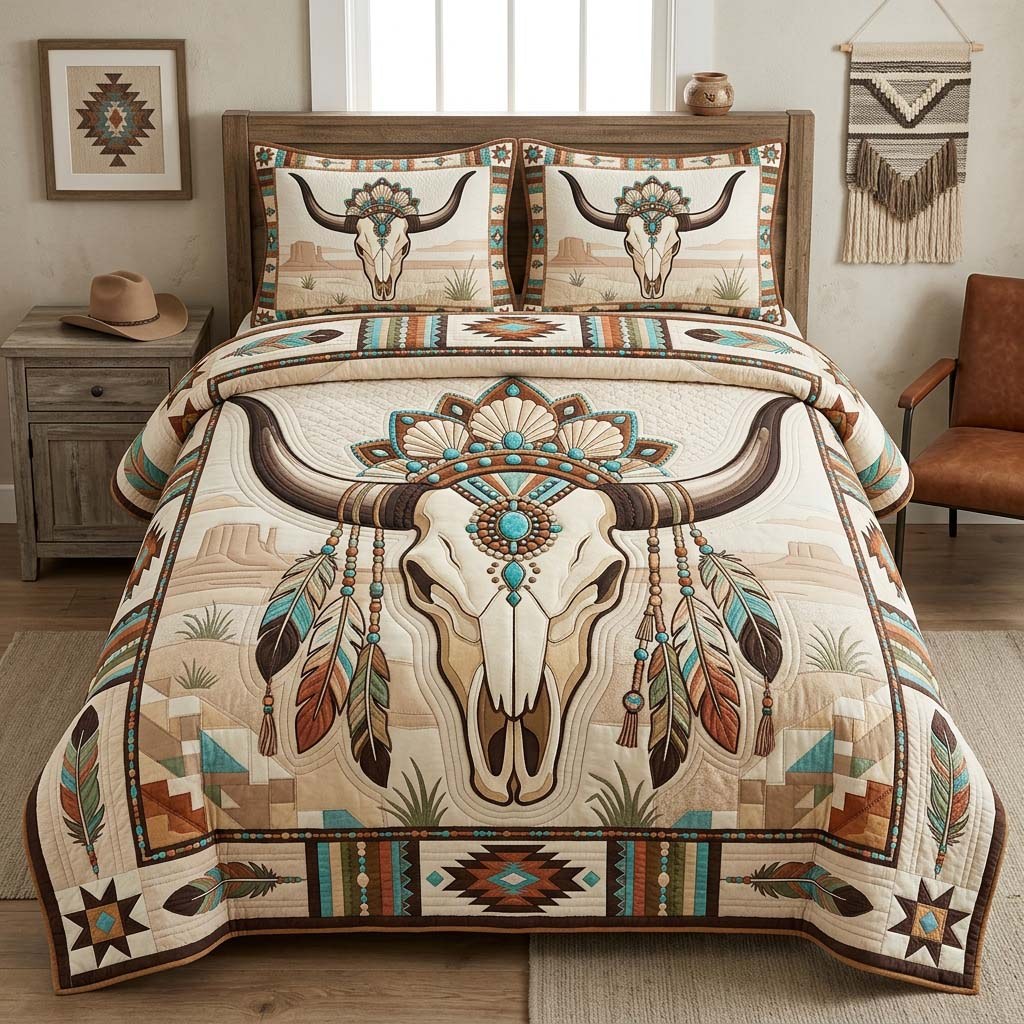 Boho Skull Charm 3-Piece Quilted Bedding Set — quilt and two matching pillow shams