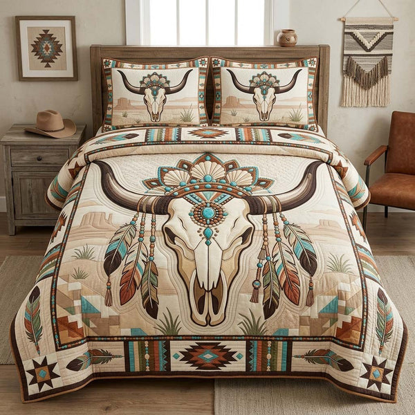 Boho Skull Charm quilted 3-piece bedding set on a made bed against a dark styled interior