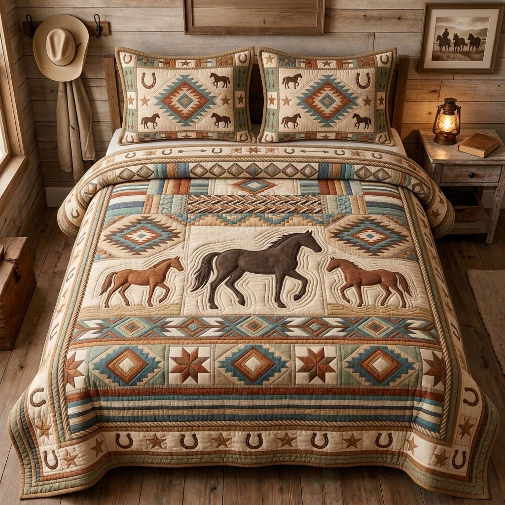 Desert Horse Family 3-Piece Quilted Bedding Set — quilt and two matching pillow shams