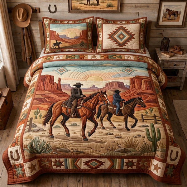 Canyon Riders quilted 3-piece bedding set on a made bed with two matching pillow shams