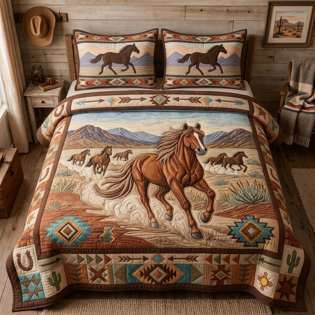 Dust Trail Stallion 3-Piece Quilted Bedding Set — quilt and two matching pillow shams