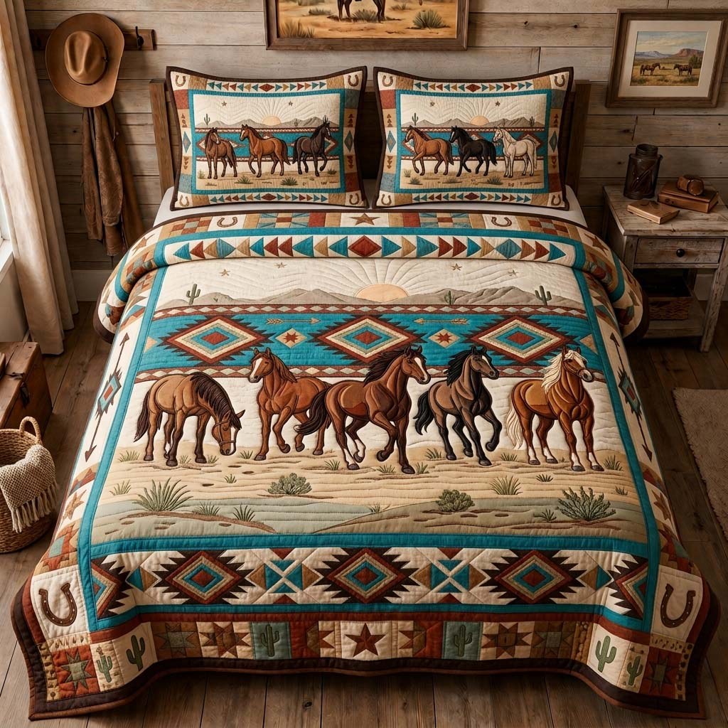 Diamond Horse Panel 3-Piece Quilted Bedding Set — quilt and two matching pillow shams