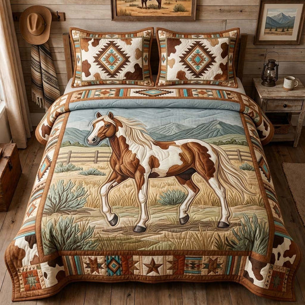 Black Stallion Desert quilted 3-piece bedding set on a made bed in a rustic timber bedroom
