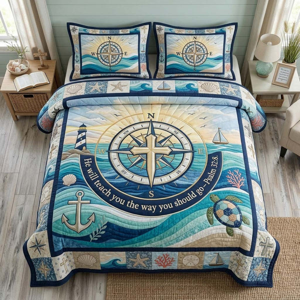 Anchor Guidance quilted 3-piece bedding set on a made bed in a light coastal bedroom