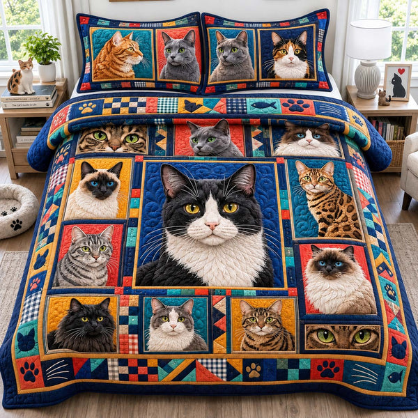 Cat Portrait quilted 3-piece bedding set on a made bed with two matching pillow shams