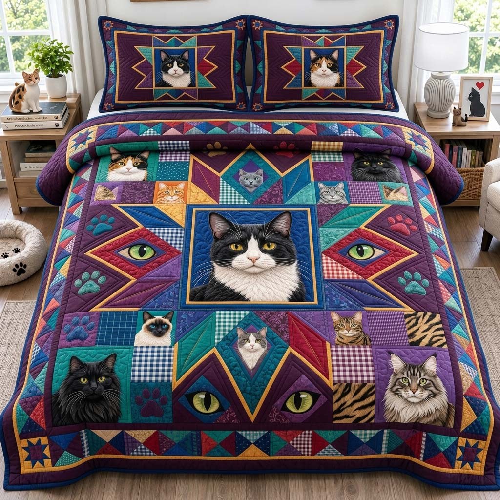 Feline Patchwork 3-Piece Quilted Bedding Set — quilt and two matching pillow shams