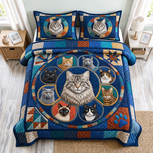 Cat Circle quilted 3-piece bedding set on a made bed with two matching pillow shams