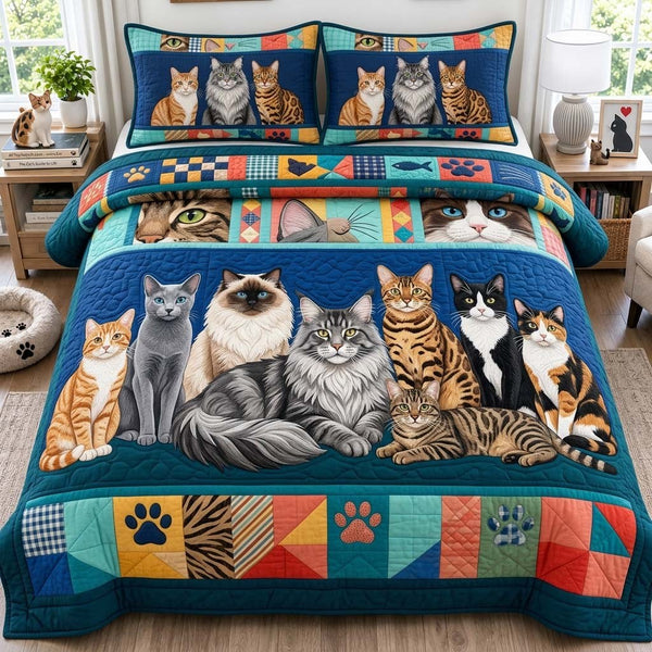 Cat Family quilted 3-piece bedding set on a made bed with two matching pillow shams