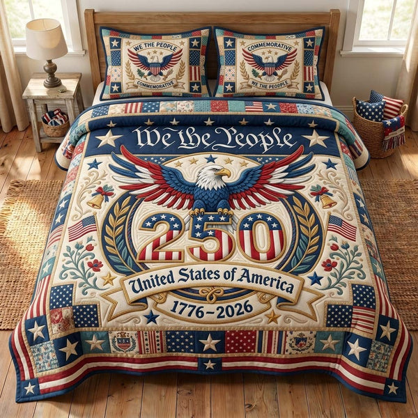 Eagle Legacy quilted 3-piece bedding set on a made bed in a warmly lit bedroom