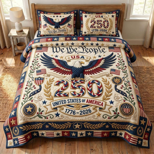 Eagle Freedom quilted 3-piece bedding set on a made bed in a warmly lit bedroom