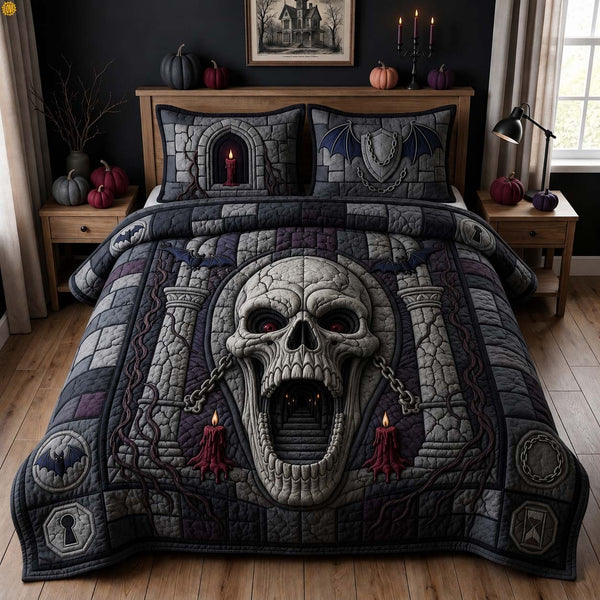 Dungeon Skull Gate quilted 3-piece bedding set on a made bed against a dark styled interior