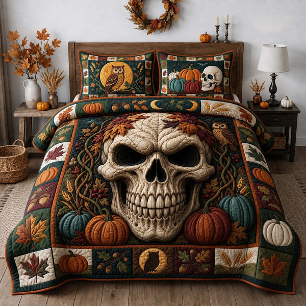 Autumn Harvest Skull quilted 3-piece bedding set on a made bed against a dark styled interior
