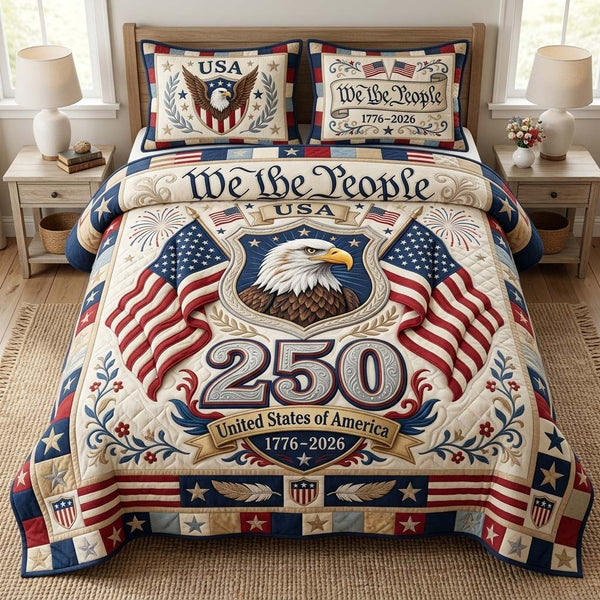 Eagle Patriot quilted 3-piece bedding set on a made bed in a warmly lit bedroom
