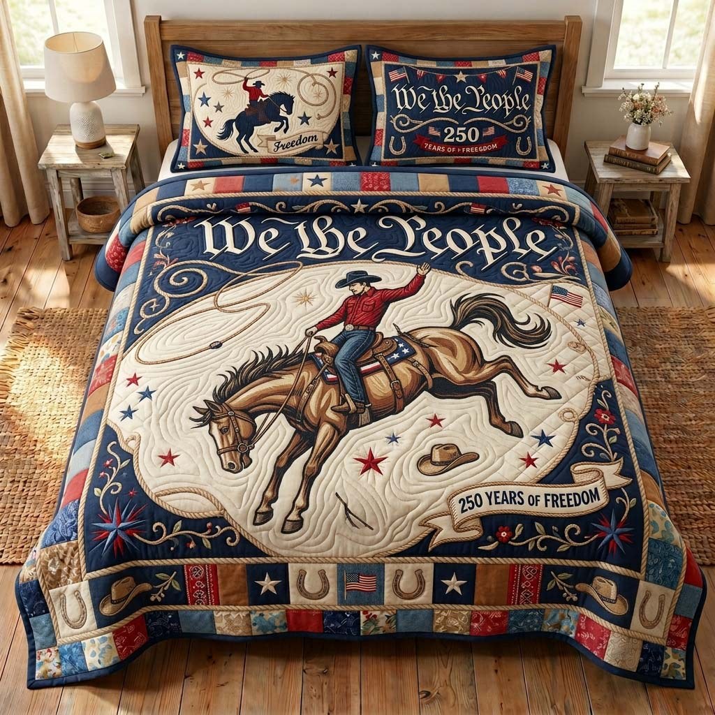 Cowboy Freedom 3-Piece Quilted Bedding Set - Design 2 — quilt and two matching pillow shams
