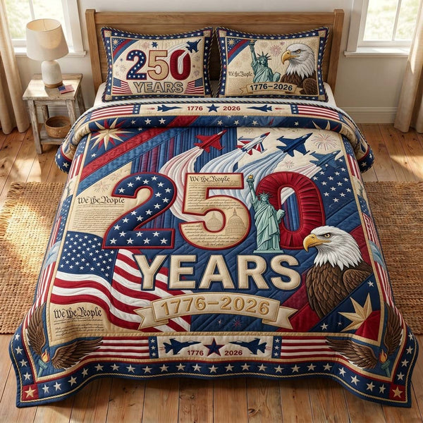 Eagle Legacy quilted 3-piece bedding set on a made bed in a warmly lit bedroom